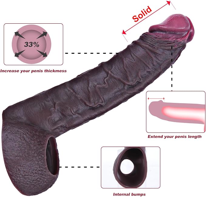 Penis Sleeve Silicone Soft Hollow Sheath Extender Real Feel Shower Black | lifelike,penis,cock,dick,strap on,strapon