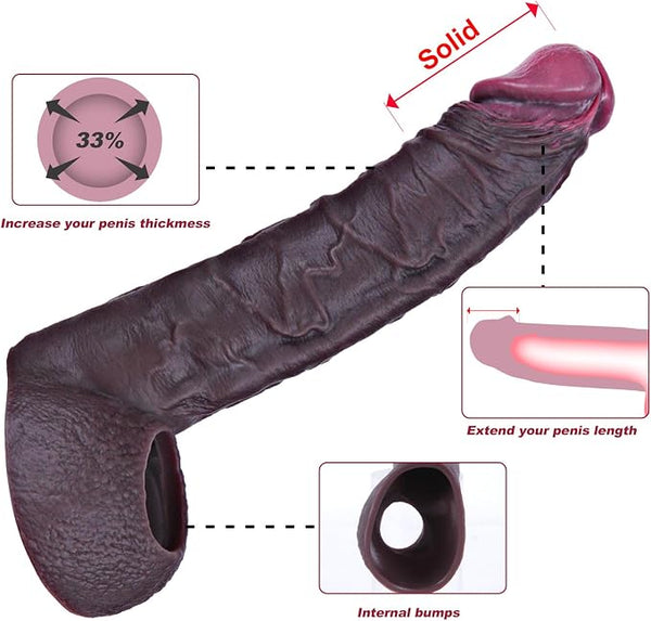 Penis Sleeve Silicone Soft Hollow Sheath Extender Real Feel Shower Black | lifelike,penis,cock,dick,strap on,strapon