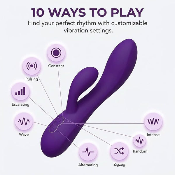 Dual Rabbit Vibrating Massager – USB Rechargeable Personal Massager | Waterproof, Personal Massager with 10 Settings, Body-Safe Silicone Dual Motor Toy for Solo or Partner Play Purple